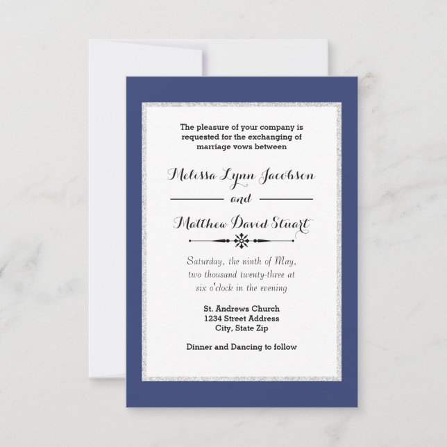 Navy & Faux Glitter Framed - 3x5Wedding Invitation (Front)