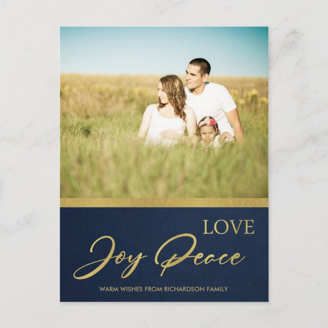 NAVY FAUX GOLD CALLIGRAPHY LOVE JOY PEACE PHOTO HOLIDAY POSTCARD (Front)