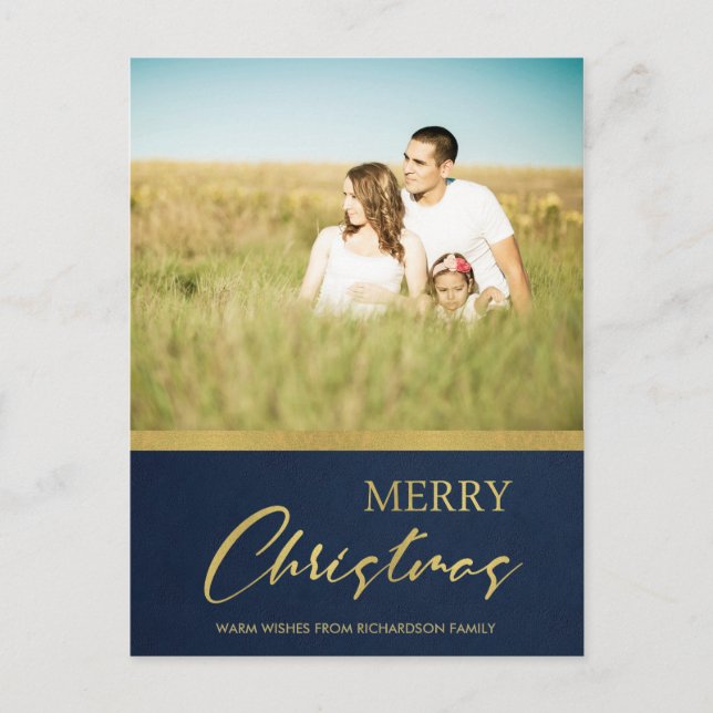 NAVY FAUX GOLD CALLIGRAPHY MERRY CHRISTMAS PHOTO HOLIDAY POSTCARD (Front)