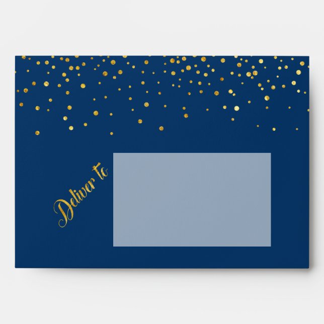 Navy Faux Gold Glitter Confetti Dots Fancy Wedding Envelopes (Front)