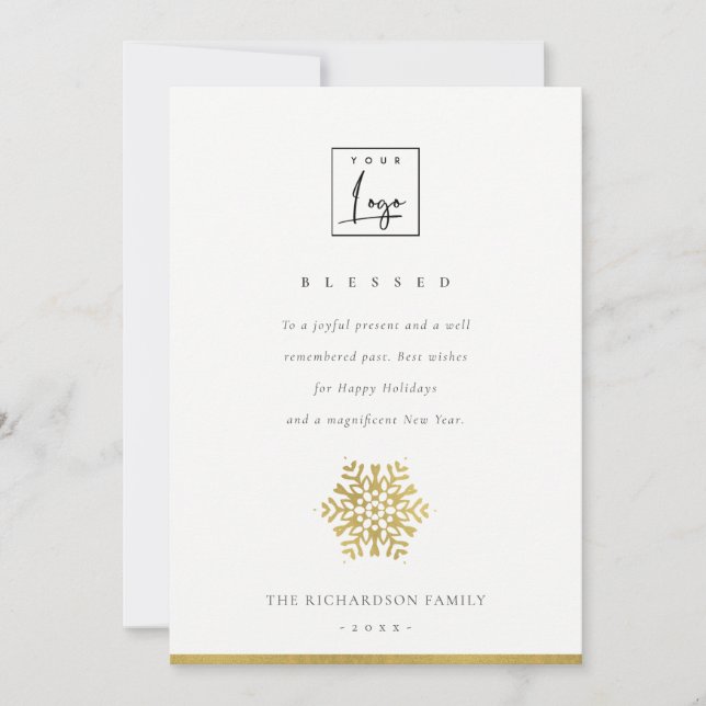 NAVY FAUX GOLD SNOWFLAKE LIGHT STRINGS BLESSED HOLIDAY CARD (Front)