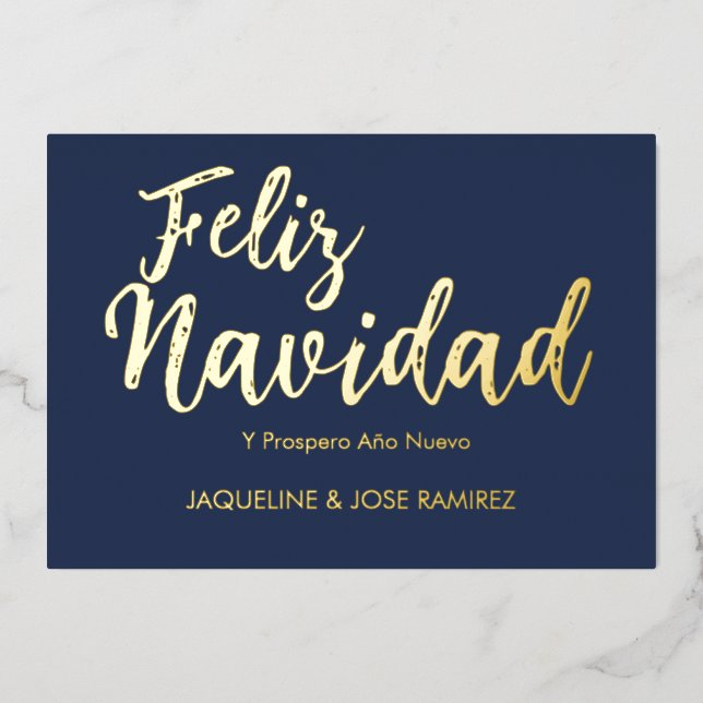 Navy Feliz Navidad Spanish Gold Foil Holiday Card (Front)