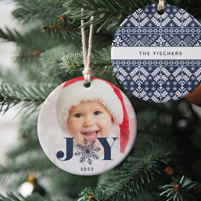 Navy | Festive Joy Holiday Photo Ceramic Tree Decoration (Creator Uploaded)