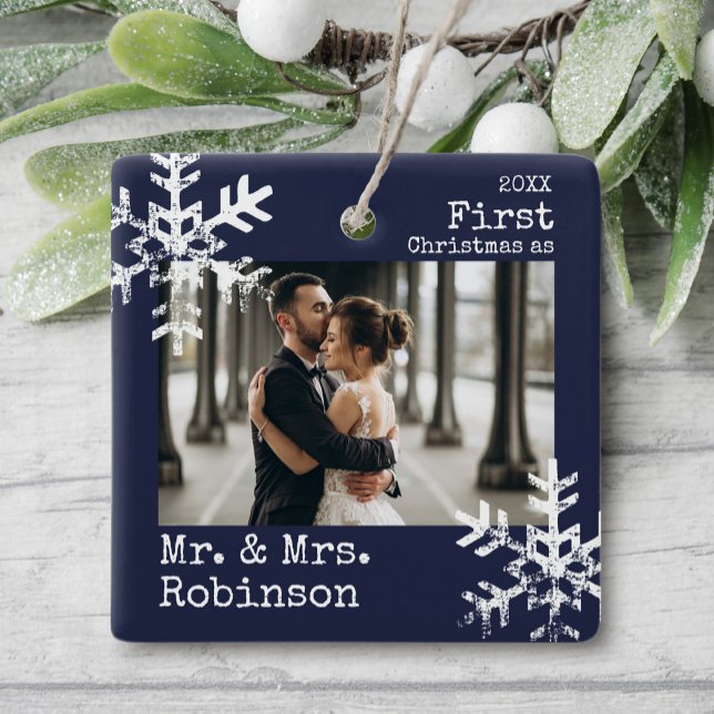 Navy First Christmas Mr. & Mrs. Custom Photo Ceramic Ornament (Rustic snowflake family holiday keepsake photo ornament perfect for gifts to bring joy to others.)