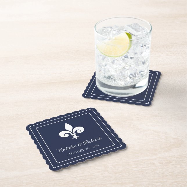 Navy Fleur de Lis Wedding Paper Coasters (Insitu)