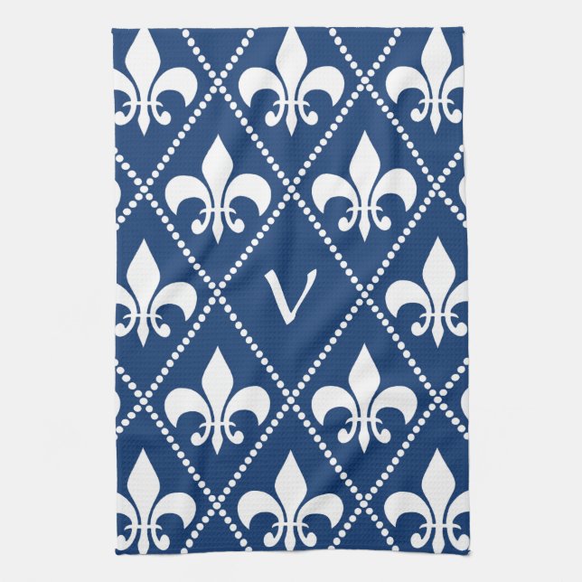 Navy Fleur de Lis with monogram initial Tea Towel (Vertical)