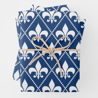 Navy Fleur de Lis Wrapping Paper Sheet