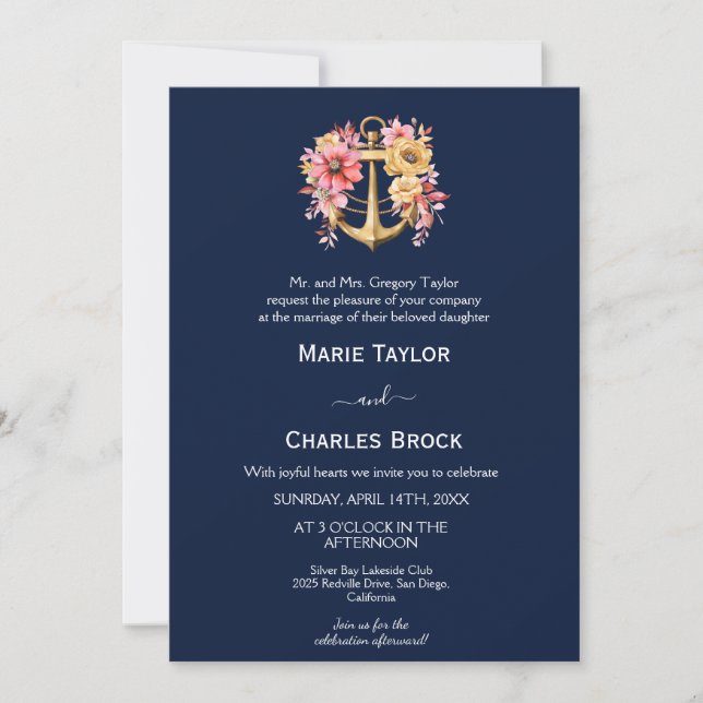 Navy Floral Anchor Wedding Invitation (Front)