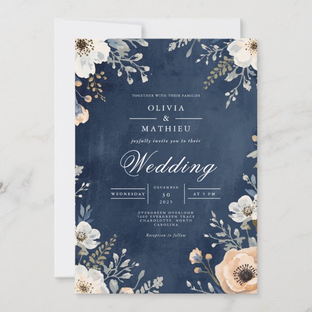Navy Floral Arch Wedding Invitation (Front)
