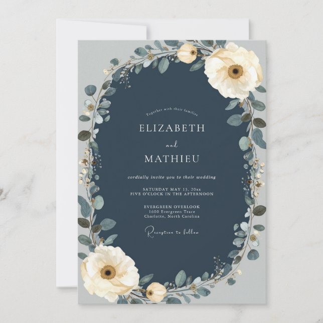 Navy Floral Autumn Blossom Wedding Invitation (Front)