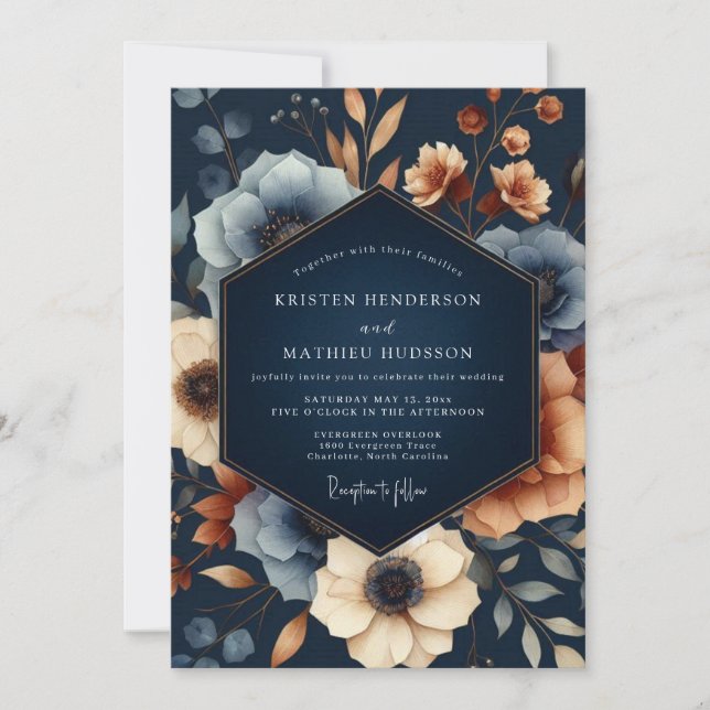 Navy Floral Autumn Opulence Wedding Invitation (Front)