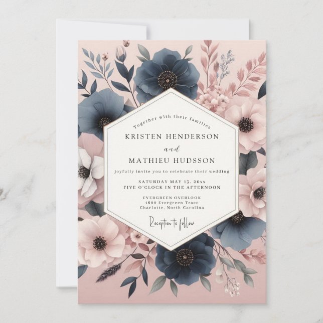 Navy Floral Autumn Romance Wedding Invitation (Front)