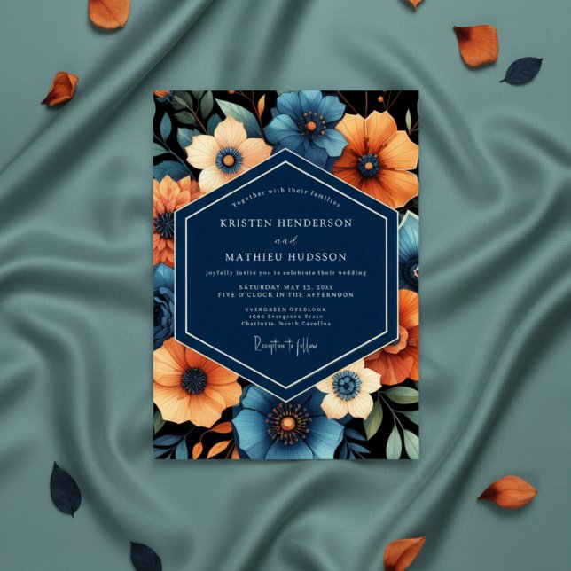Navy Floral Autumn Romance Wedding Invitation (Creator Uploaded)