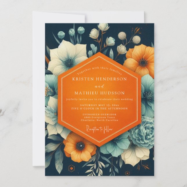 Navy Floral Autumn Romance Wedding Invitation (Front)