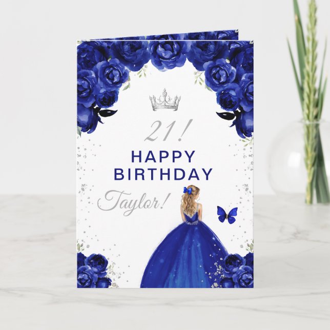 Navy Floral Blonde Hair Girl Happy Birthday Card (Front)
