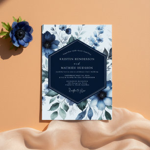 Navy Floral Bloom Romance Wedding Invitation