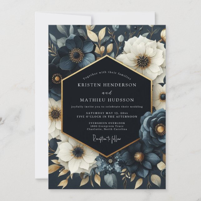 Navy Floral Bloom Romance Wedding Invitation (Front)