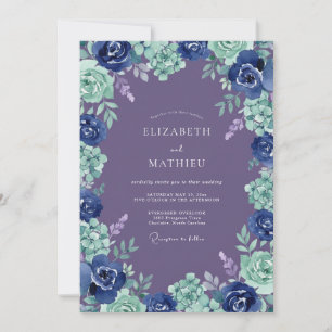 Navy Floral Blossom Romantic Wedding Invitation