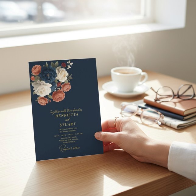Navy Floral Botanical All-in-One Wedding  Invitation (Creator Uploaded)