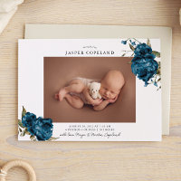 Navy Floral Boy Baby Photo Birth Announcement