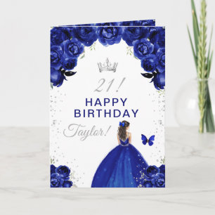 Navy Floral Brunette Hair Girl Happy Birthday Card