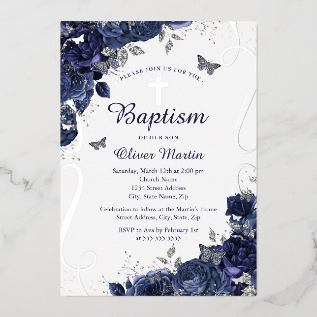 Navy Floral Butterfly Boy Baptism  (Front)