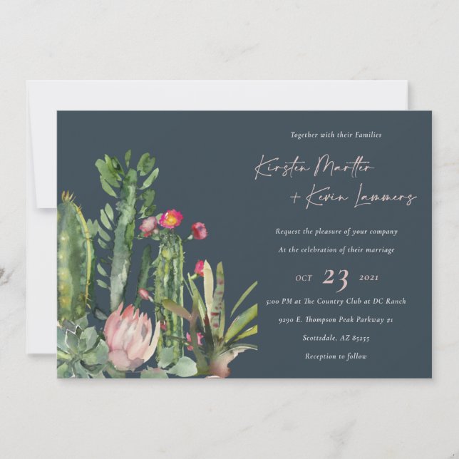 Navy Floral Desert Cacti Foliage Wedding Invite (Front)