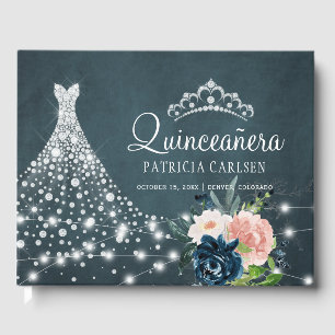 Navy floral diamond princess tiara quinceanera guest book