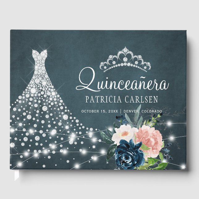 Navy floral diamond princess tiara quinceanera guest book (Front)