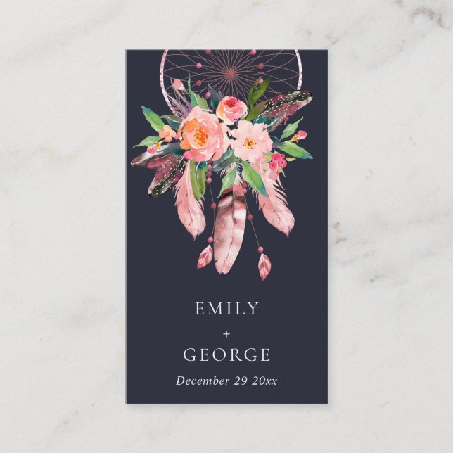 NAVY FLORAL DREAM CATCHER WEDDING GIFT REGISTRY BUSINESS CARD (Front)