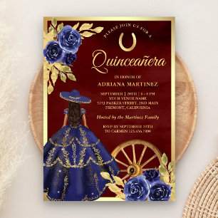 Navy Floral Dress Charro Burugundy Quinceanera Invitation
