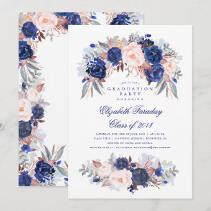 Navy Floral Elegant and Modern Graduation Party Invitation