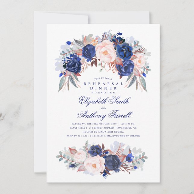 Navy Floral Elegant and Modern Rehearsal Dinner Invitation (Front)