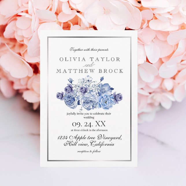 Navy Floral Elegant Classic Wedding  Invitation (Creator Uploaded)