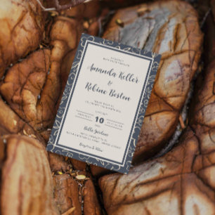 Navy Floral Elegant Minimalist Wedding Invitation
