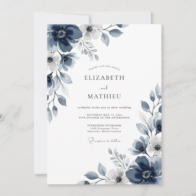 Navy Floral Enchantment Wedding Invitation (Front)