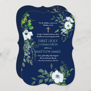 NAVY Floral First Holy Communion with verse Invitation