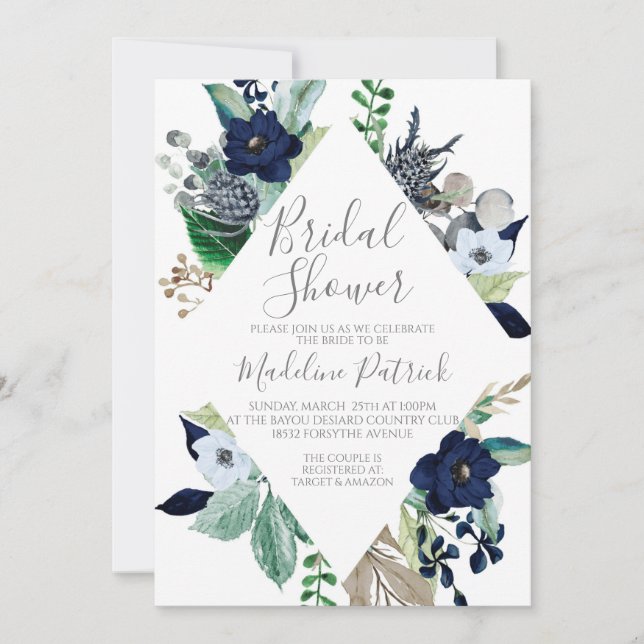 Navy Floral Frame Bridal Shower Invitation (Front)