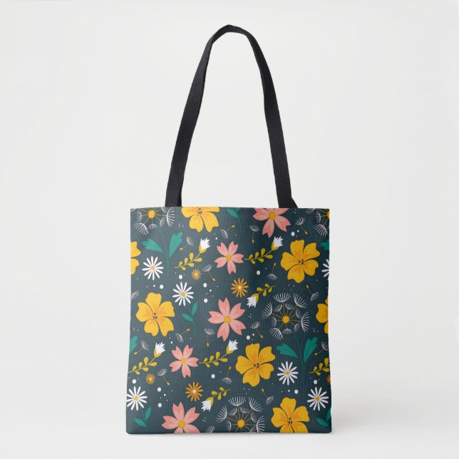 Navy Floral Garden Whimsical Spring Pattern Tote Bag (Front)