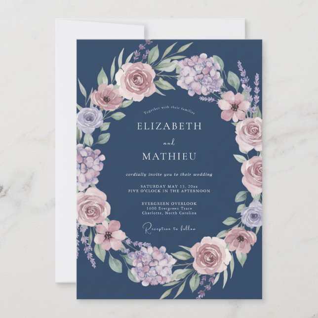 Navy Floral Garland Romance Wedding Invitation (Front)