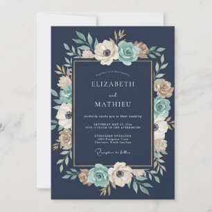 Navy Floral Garland Wedding Invitation