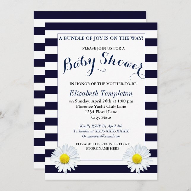Navy Floral Gender Neutral Baby Shower Invites (Front/Back)