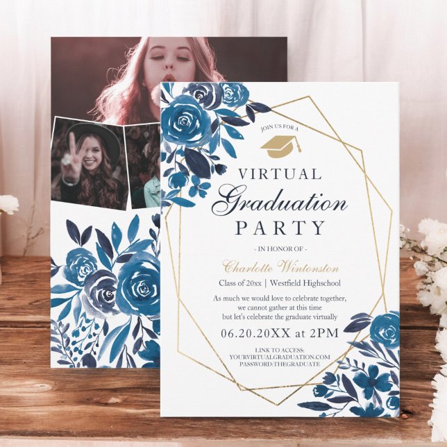 Navy floral gold frame photos virtual Graduation Invitation (Navy floral gold frame photos virtual Graduation Invitation)