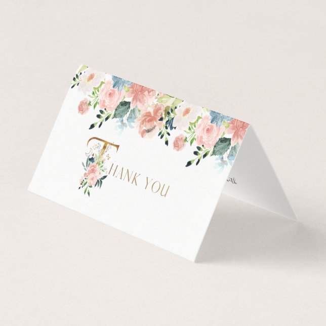 navy floral gold script photo folded thank you (Front)