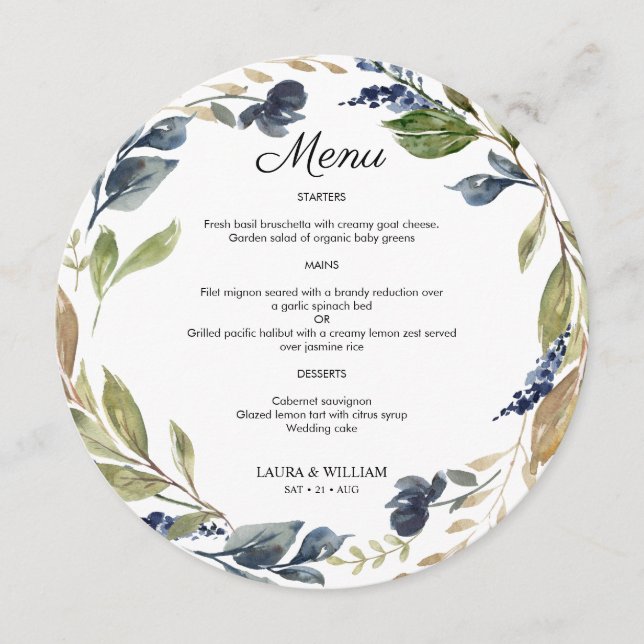 Navy Floral Greenery Leaves Round Menu (Front)