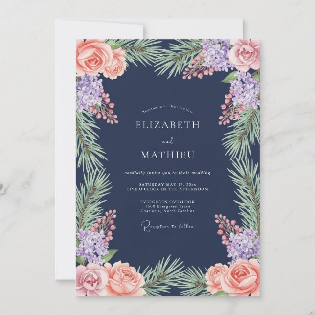 Navy Floral Laurel Romance Wedding Invitation (Front)