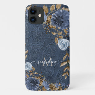 Navy Floral Leaf Watercolor Script Name Monogram Case-Mate iPhone Case