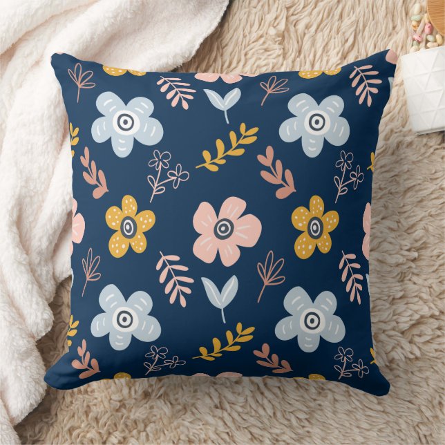 Navy Floral & Leafy Sprig Pattern Cushion (Blanket)