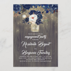 Navy Floral Mason Jar Rustic Engagement Party Invitation