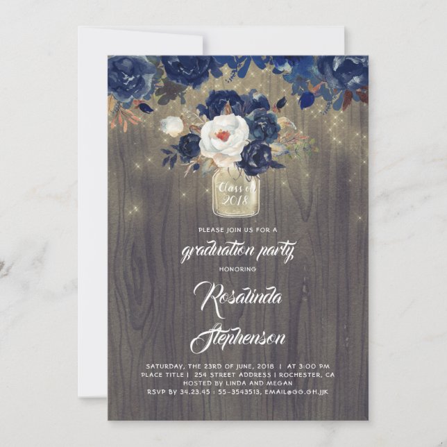 Navy Floral Mason Jar Rustic Graduation Party Invitation (Front)